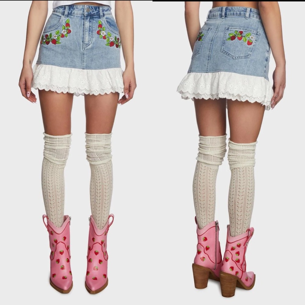 Dolls Kill x Strawberry Shortcake Fresh Picked Mini Denim Skirt Womens Medium